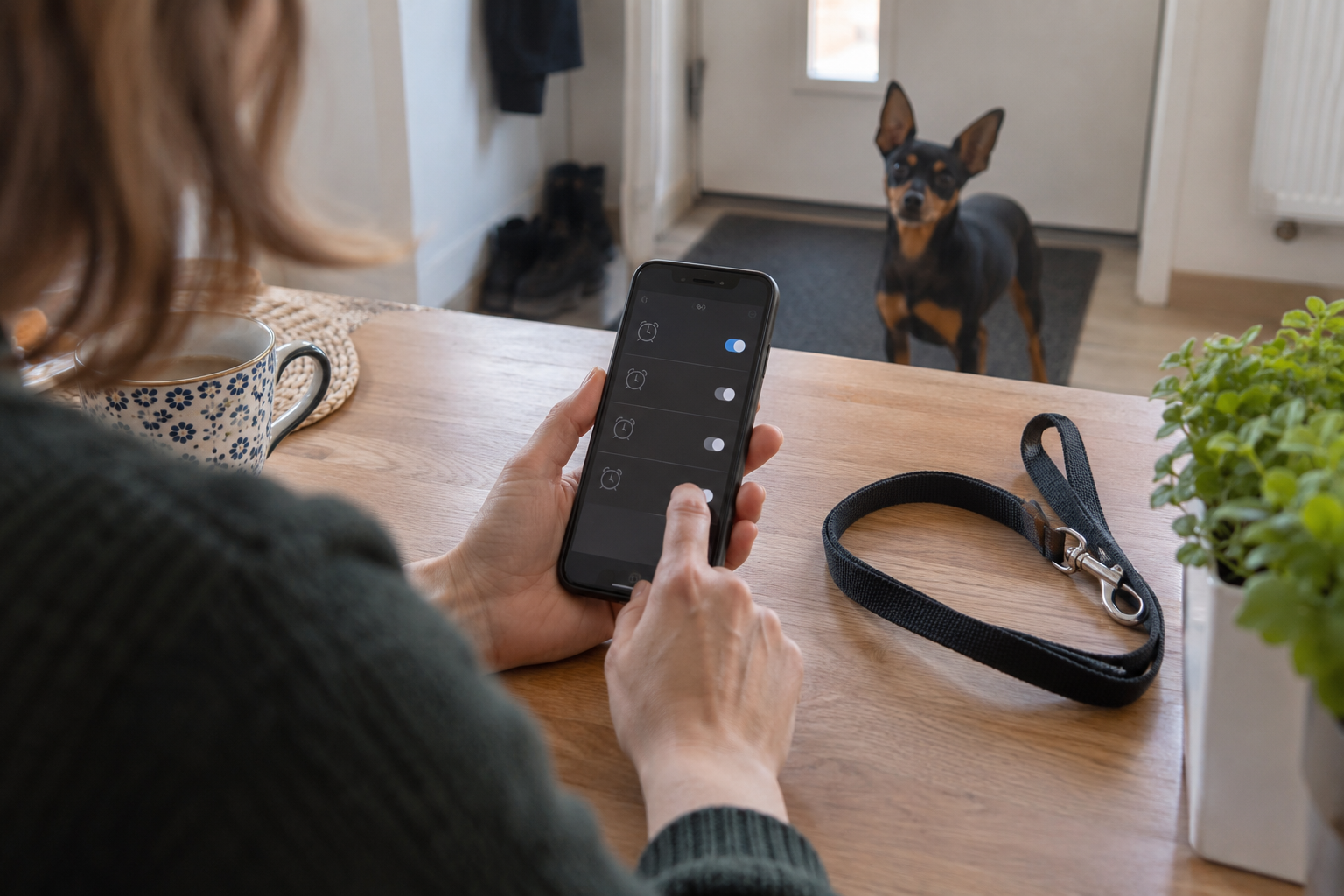 Majitelka plánuje povolené vycházky se psem podle času v telefonu